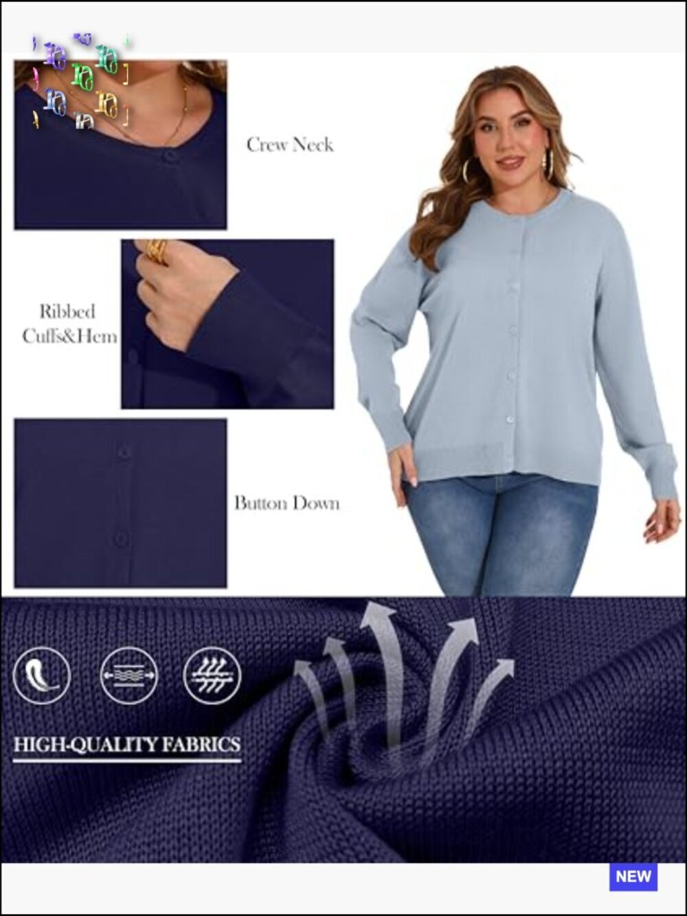 Lightweight Knit Cardigan Long Sleeve Crewneck Button Down Classic Chic - Picture 3 of 7